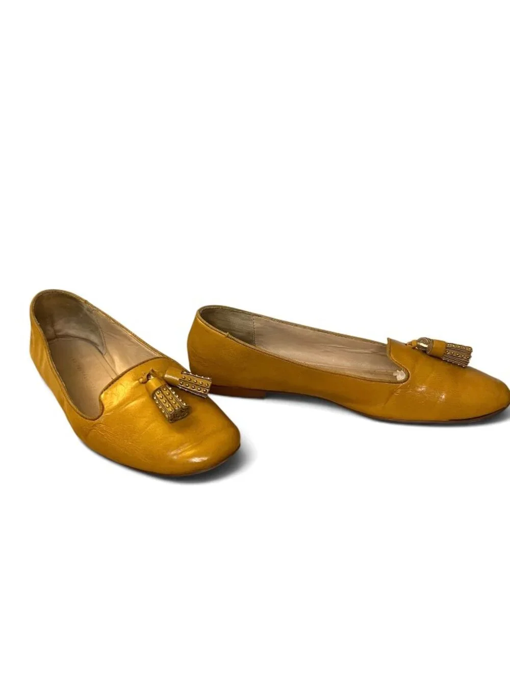 Zara Trafaluc Yellow Leather Loafer Flats With Tassel Detail Size 37